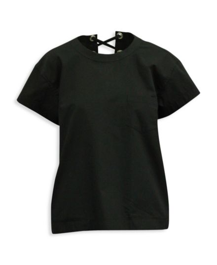 Sacai Laced-Up Back Short Sleeve Top In Black Poly Cotton Sacai