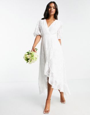 Белое жаккардовое платье миди с запахом, рукавами-фонариками и рюшами Blume Bridal Blume Bridal