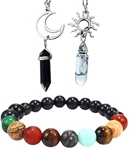 2pcs Hexagonal Column Crystal Sun and Moon Pendant Necklace Crystal Healing Black Agate+ Clear Quartz for Best Friends/Couples and 1pcs Crystal Agate Universe Nine Planets Beads Bracelet Soulnioi