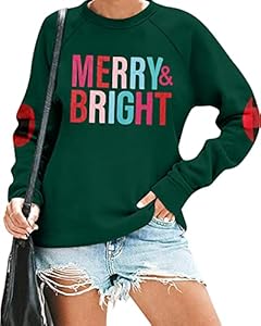 MOUSYA Christmas T-Shirt Women Merry Bright Colorful Letter Printed Sweatshirt Casual Long Sleeve Round Neck Pullover Tops MOUSYA