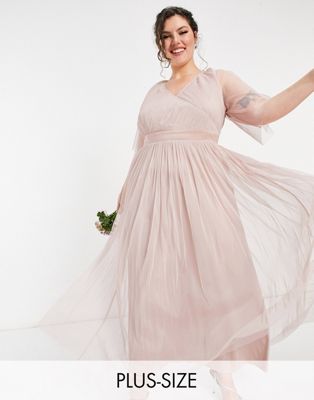 Розовое платье макси из тюля с пышными рукавами Anaya With Love Plus Bridesmaid Anaya Plus