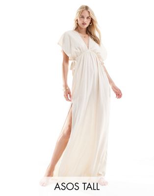 ASOS DESIGN Tall Faye flutter sleeve maxi beach dress with tie detail in ecru ASOS Tall