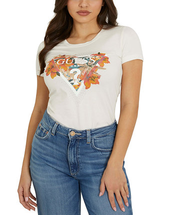 Женская хлопковая футболка с тропическим треугольником и украшением GUESS
