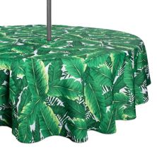 52&#34; Green and White Banana Leaf Outdoor Round Tablecloth with Zipper Contemporary Home Living