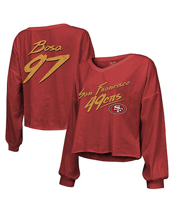 Женская укороченная футболка с открытыми плечами и длинными рукавами с принтом Nick Bosa Scarlet в стиле San Francisco 49ers с именем и номером Majestic