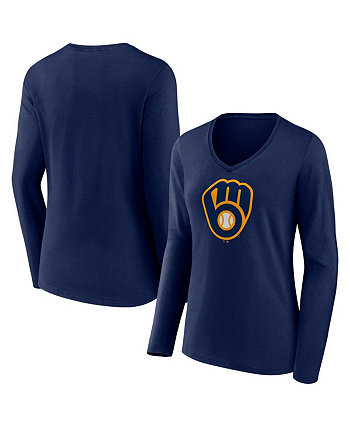 Женская темно-синяя футболка с длинным рукавом и v-образным вырезом с официальным логотипом Milwaukee Brewers Fanatics