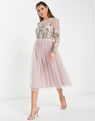 Frock and Frill Bridesmaid midi dress with pleated skirt and embellished top in dusty mauve Frock and Frill