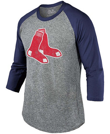 Мужская футболка реглан с трикотажными рукавами и трикотажными вставками с рукавами три четверти, рукавами 3/4, темно-серый, темно-синий Boston Red Sox Majestic