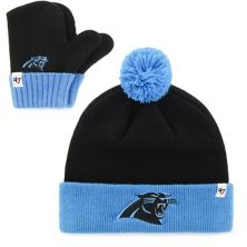 Вязаная шапка Toddler '47 Black/Blue Carolina Panthers Bam Bam с манжетами, помпоном и варежками 47 Brand