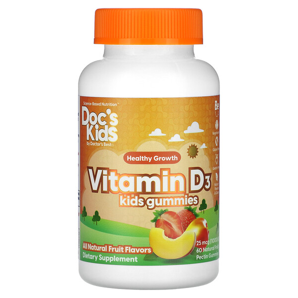 Doc's Kids, Жевательные конфеты с витамином D3, полностью натуральные фрукты, 25 мкг (1000 МЕ), 60 жевательных конфет с натуральным фруктовым пектином Doctor's Best