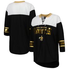 Women's G-III 4Her by Carl Banks Black/White New Orleans Saints Double Team 3/4-Sleeve Lace-Up T-Shirt In The Style
