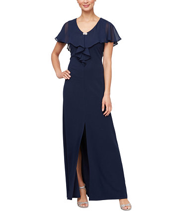 Petite Chiffon Cape-Overlay Long Dress SL Fashions