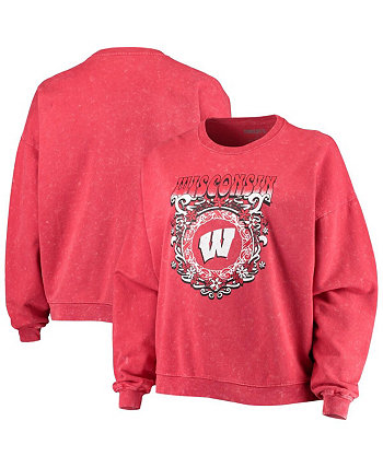 Women's Red Wisconsin Badgers Garment Wash Oversized Vintage-Like Pullover Sweatshirt ZooZatz