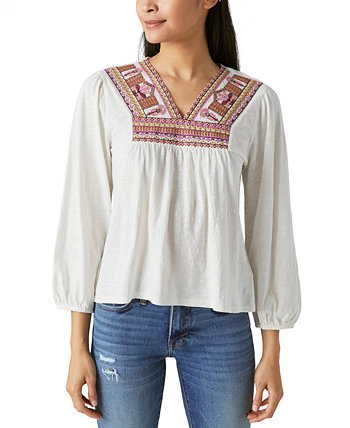 Women's Embroidered V-Neck 3/4-Sleeve Peasant  Top Lucky Brand