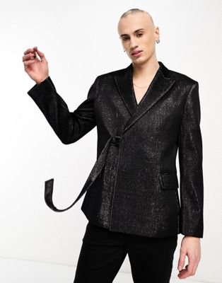 Узкий черно-серебристый плиссированный пиджак с поясом ASOS DESIGN ASOS DESIGN