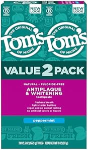 Tom's of Maine Fluoride-Free Antiplaque & Whitening Natural Toothpaste, Peppermint, 5.5 oz. (Pack of 2) Tom's of Maine