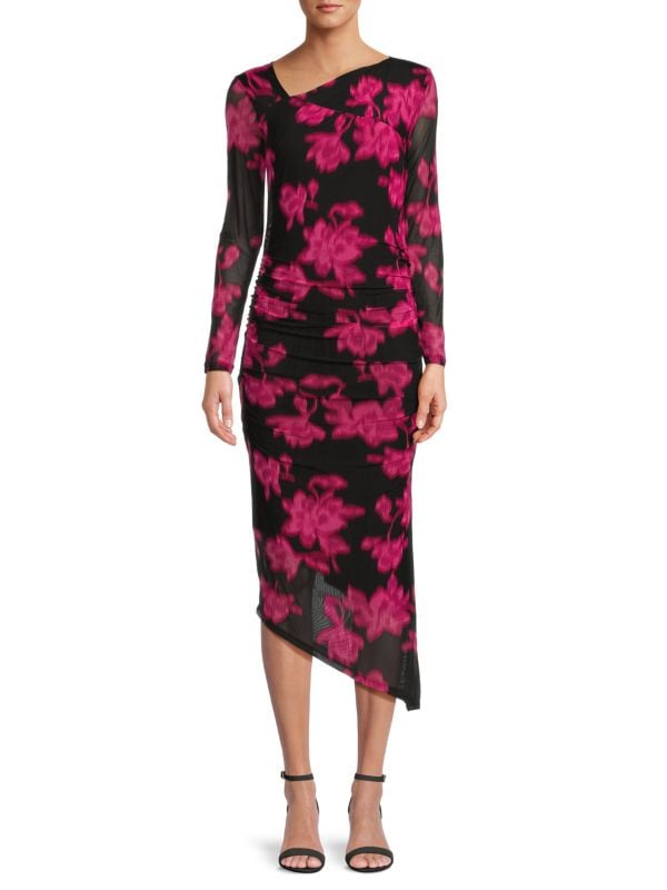 Асимметричное платье миди с цветочным принтом и рюшами Calvin Klein