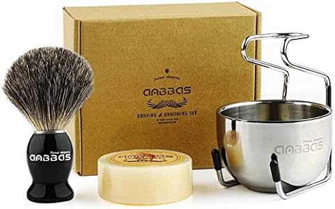 Anbbas Pure Badger Bristles Shaving Brush Black Wood Handle and Refill Soap Bar 100g,Stainless Steel Shaving Stand and Soap Cup Kit Perfect for Men Anbbas