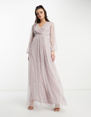 Серо-лиловое платье макси с глубоким вырезом спереди и пайетками Frock and Frill Bridesmaid Frock and Frill
