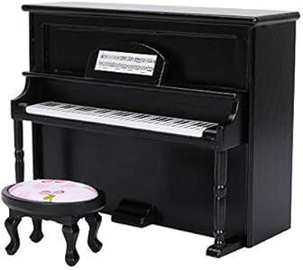 Dollhouse Piano, 1:12 Miniature Simulation Wooden Upright Piano with Stool for Home Ornaments Dollhouse Decorative Accessories (Black) Gloglow