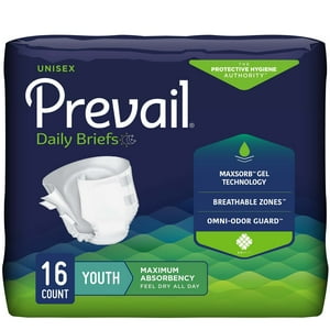 Prevail Daily Briefs, Pediatric Incontinence, Maximum Plus Absorbency, XS, 16 Count, 6 Packs, 96 Total Prevail