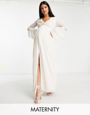 Hope & Ivy Maternity Bridal tiered sleeve embroidered maxi dress in ivory Hope & Ivy Maternity
