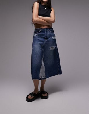 Голубая джинсовая юбка-миди А-силуэта с рваными краями и поясом Topshop TOPSHOP
