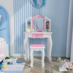 Vanity Set  Wooden Princess   with Stool  Tri-Folding Mirror  Large Drawer  Solid Wooden Legs Pretend Beauty Make Up Dressing Play Set for Girls Best Gift () En