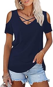 Amoretu Womens Summer Shirts V Neck Criss Cross Cold Shoulder Tops Blouse Amoretu