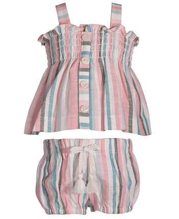 Baby Girls Sleeveless Smocked Top Faux Stripe with Bubble Short, 2 Piece Set Bonnie Baby