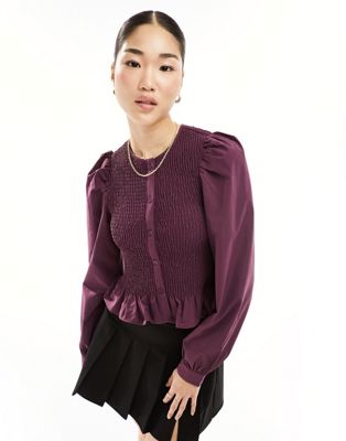 Фиолетовая блузка с присборенными вставками и пышными рукавами Only ONLY
