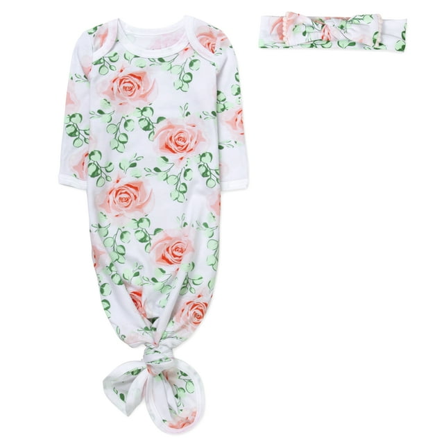 Baby Essentials Long Sleeve Knotted Patterned Sleeping Gown with Matching Headband for Newborn Infants 0 - 6 Months for Sleep, Cuddling, Swaddling and Lounge in White Roses Baby Essentials