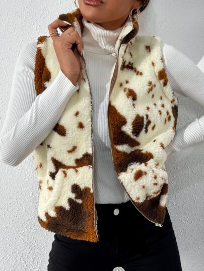 Жилет-куртка с коровьим принтом из плюша SHEIN