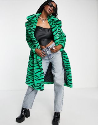 Зеленое удлиненное пальто из искусственного меха с тигровым принтом Girlfriend Material Girlfriend Material