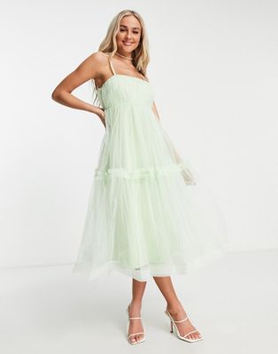 Lace & Beads tiered tulle midi dress in pastel green LACE & BEADS
