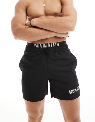 Calvin Klein Intense Power double waistband swim shorts in black Calvin Klein