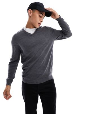 Серый вязаный свитер с v-образным вырезом из шерсти мериноса ASOS DESIGN ASOS DESIGN