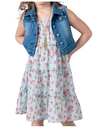 Toddler & Little Girls Denim Vest Dress Outfit with Necklace, 3 PC Rare Editions