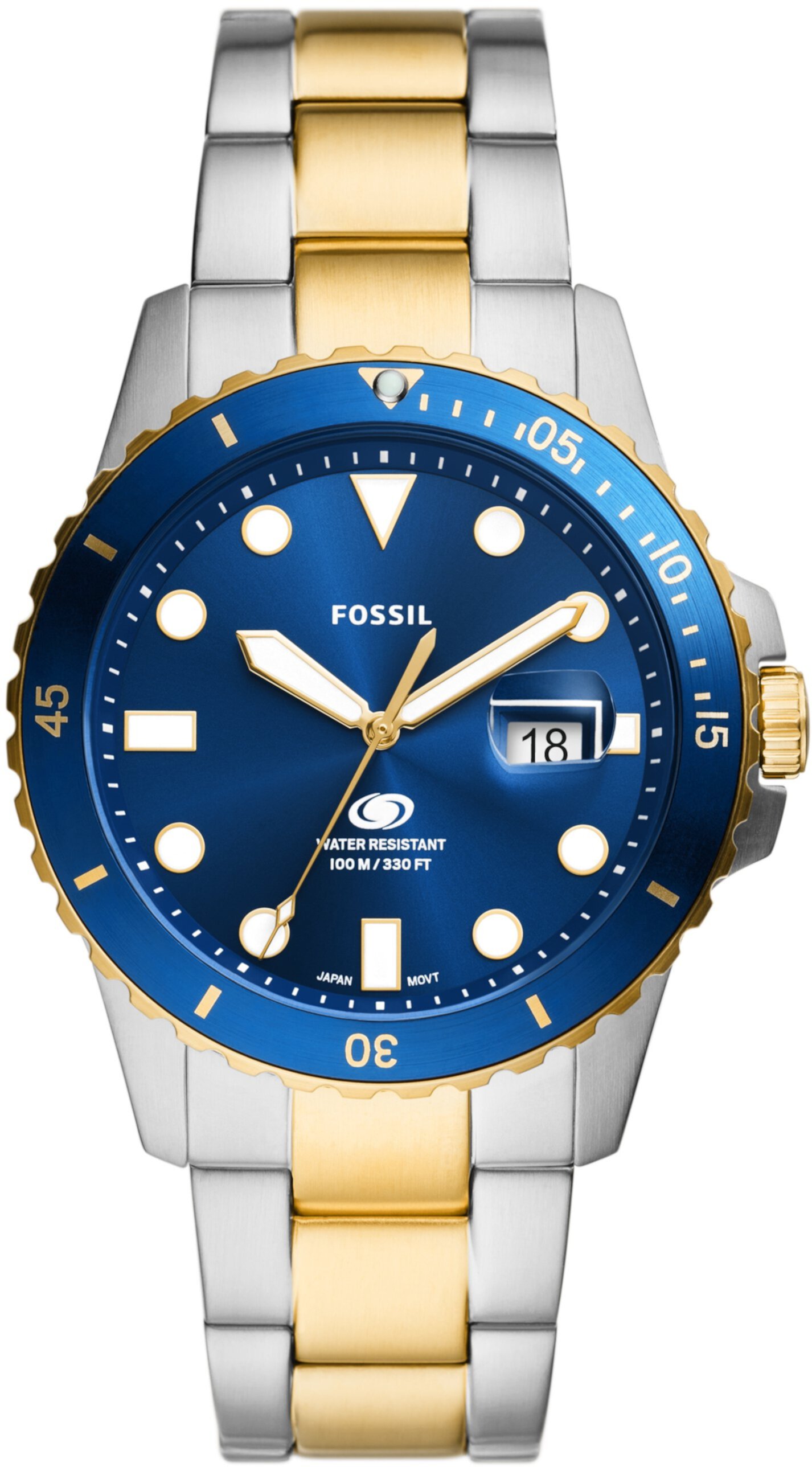 Двухцветные часы Fossil Blue Dive с тремя стрелками и датой из нержавеющей стали - FS6034 Fossil