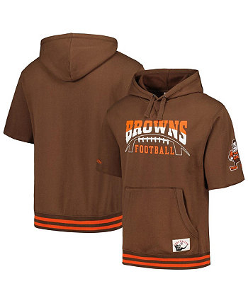 Мужской коричневый пуловер с капюшоном Cleveland Browns перед игрой с короткими рукавами Mitchell & Ness