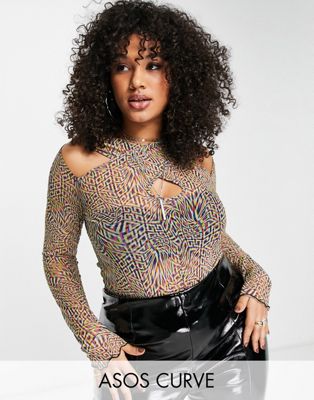 ASOS DESIGN Curve mesh cross over wrap front long sleeve top in warped monogram print - part of a set ASOS Curve