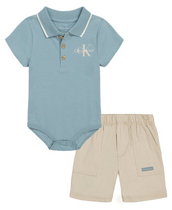Боди-поло с короткими рукавами и холщовыми шортами для маленьких мальчиков, комплект из 2 предметов Calvin Klein