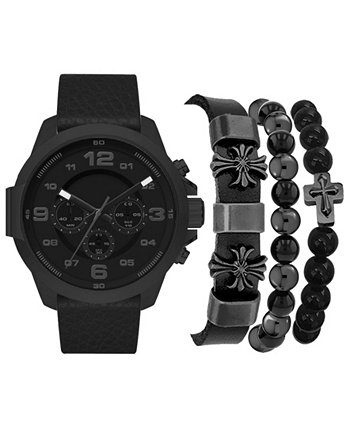 Мужские часы с хронографом с кварцевым черным кожаным ремешком, 46 мм, набор браслетов в ассортименте, подарочный набор, набор из 4 American Exchange