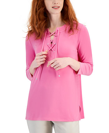 Women's Solid 3/4 Sleeve Lace-Up Knit Top, Created for Macy's J&M Collection