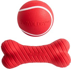 Playology Scented Squeaky Chew Ball Dog Toy & Playology Scented Dual Layer Bone Dog Toy Playology