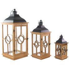 Set of 3 Natural Wood Candle Lanterns with Black Metal Tops 26.5&#34; Christmas Central