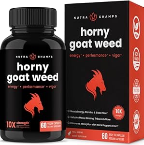 Horny Goat Weed for Men & Women | 1000mg Epimedium Energy Supplement | 10X Strength Icariin | Ginseng, Tribulus & Maca Pills for Women & Men | Enhanced Absorption with Black Pepper | 60 Vegan Capsules (Веганские капсулы) NutraChamps