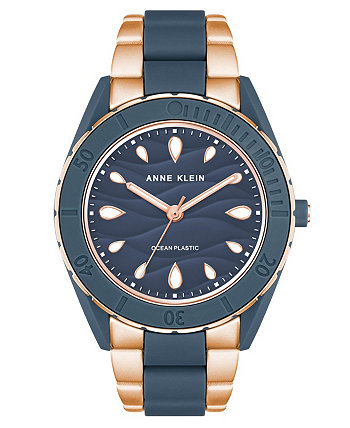 Женские кварцевые часы с пластиковым браслетом цвета розового золота и синего цвета Solar Oceanwork с тремя стрелками, 38,5 мм Anne Klein