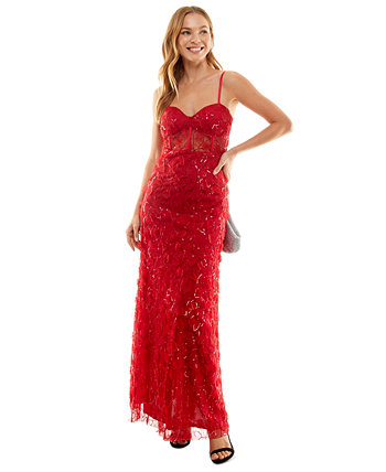 Juniors' Sleeveless Embroidered Sequined Mesh Gown JUMP