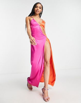 Simmi contrast color block maxi dress with thigh slit in multi Simmi Clothing